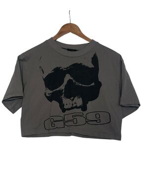 💀 G59 Records Baby Tee Grey Skull Small Shirt Y2K Emo Grunge Cyber Street